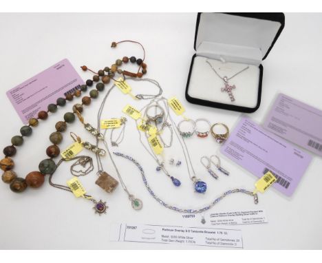 A collection of silver Gems TV gem set jewellery to include fire opal ring, jade beads and emerald ring and pendant etc some 