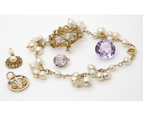 A 9ct pearl pendant, a 9ct libra pendant, together with a yellow metal pearl brooch, pearl bracelet, pendant mounted amethyst