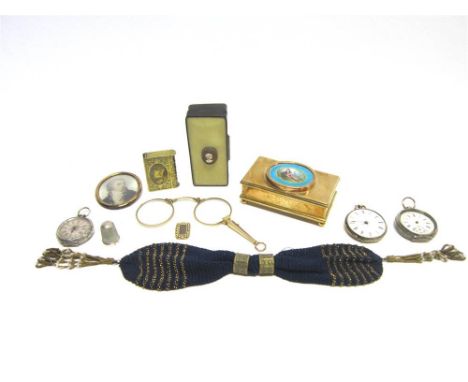 A SILVER FOB WATCH two similar watches; a silver thimble; a portrait miniature; a brass box with a ceramic inset lid; a brass