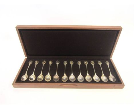 A CASED SET OF TWELVE SILVER ROYAL SOCIETY FOR THE PROTECTION OF BIRDS SPOON COLLECTION by John Pinches, London 1975, each wi
