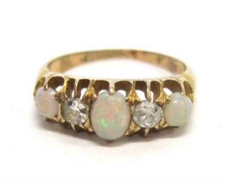 AN OPAL AND DIAMOND FIVE STONE RING the three graduated cabochons with diamonds between, finger size J, 3g gross, in a H Samu