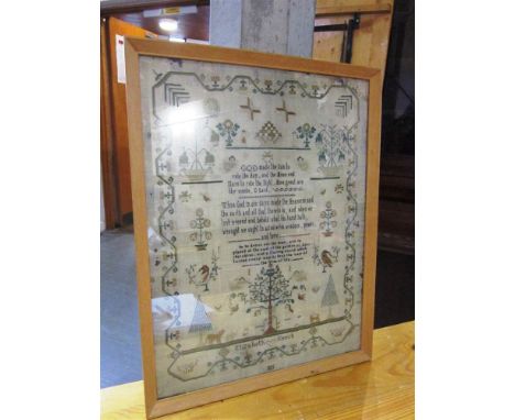A NEEDLEWORK SAMPLER  with religious text and tree of life design restored by Elizabeth Keech and dated 1826, 43x33cm