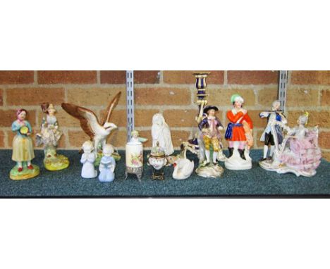 A MIXED GROUP OF FIGURINES comprising: Dresdon, Meissen and Staffordshire; and other assorted ceramic and porcelain items (14