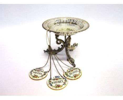 A PLATED SMALL COMPORT the pierced basket bowl on dolphin supports, 11cm tall, 13.3cm diameter; with three Crown Staffordshir