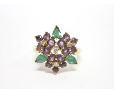 AN EMERALD, AMETHYST AND DIAMOND 18CT GOLD DRESS RING finger size L