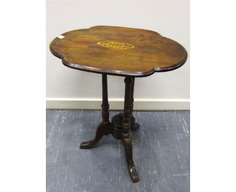 A VICTORIAN SHAPED OVAL INLAID OCCASIONAL TABLE the three turned supports raised on tripod feet, 59cm wide