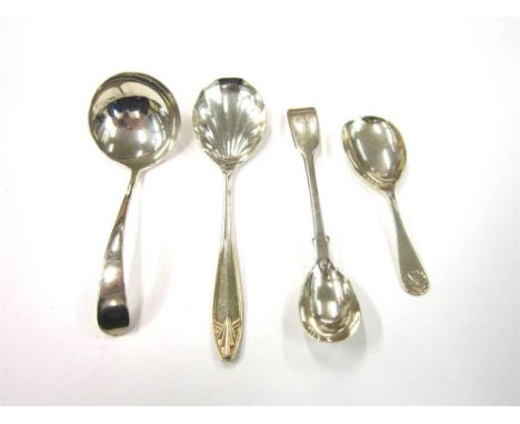 A VICTORIAN SILVER MUSTARD SPOON by Elizabeth Eaton, London 1855, fiddle pattern, monogrammed; with a modern silver sauce lad