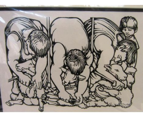 JON MILLER (BRITISH, 20TH CENTURY) Sheep Shearing monochrome print, 26cm x 35.5cm; and three other studies, including two of 