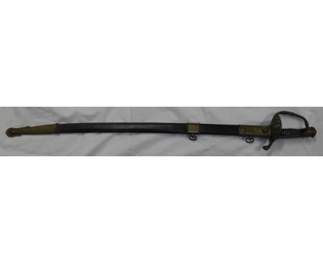 CEREMONIAL NAVAL SWORD IN BRASS & LEATHER SCABBARD 27.5' BLADE 