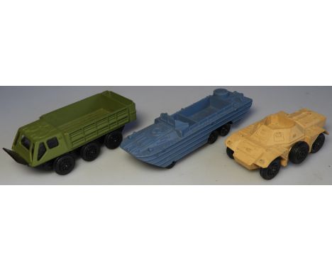 DINKY TOYS - 680 FERRET TAN SCOUT CAR, 681 DUKW AMPHIBIAN & 682 STALWART 