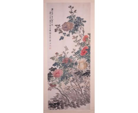 A Chinese 'Peonies' scroll painting, L 134,5 - W 54 cm