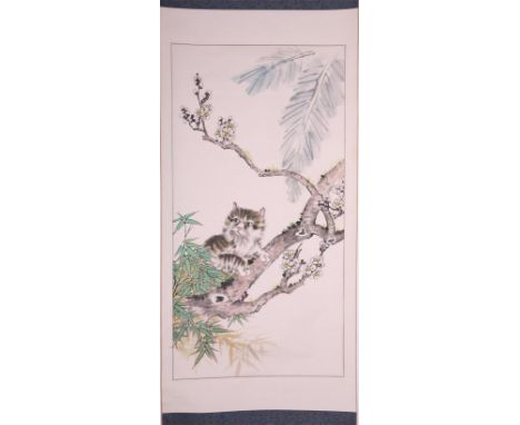 A Chinese 'Cat on tree' scroll painting, L 93,5 - W 48,5 cm