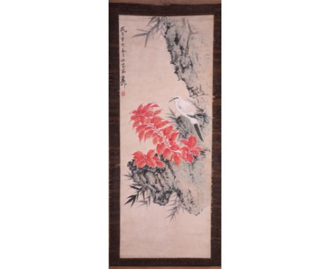 A Chinese 'Crane' scroll painting, L 117,5 - W 44,5 cm
