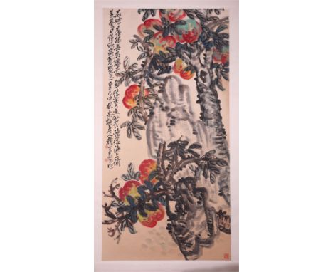 A Chinese 'Peaches' scroll painting, L 134 - W 67,7 cm