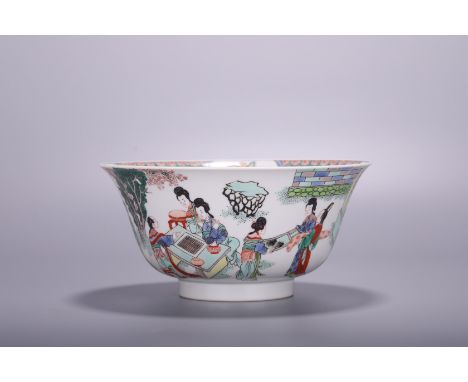 A Chinese wucai Ladies playing Go' bowl, decorated with ladies in a garden, playing Go and appreciating a painting, Kangxi ma