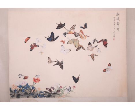A Chinese 'Butterflies' scroll painting, L 87,5 - W 65,5 cm