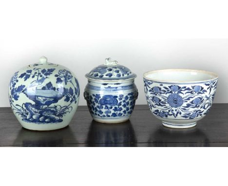 Group of three pieces,Chineseto include a deep bowl, painted with lotus, 23cm diameter x 16cm high, a blue and white porcelai