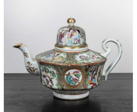Canton porcelain teapotChinese, 19th Centurypainted with panels of figures and flowers and with domed spout, 28.5cm long x 21