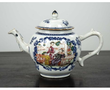 Mandarin porcelain teapotChinese, 18th Centurypainted with blue framed panels of figures, 22.5cm x 15cm highChip to underside