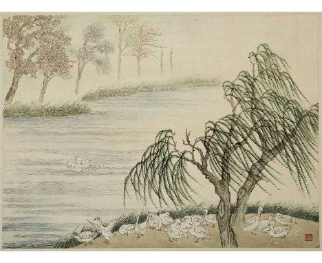 Chiang Yee (Chinese, 1903-1977)'Study of geese at riverside', ink and wash study, signed with seal lower right, unframed, 32c