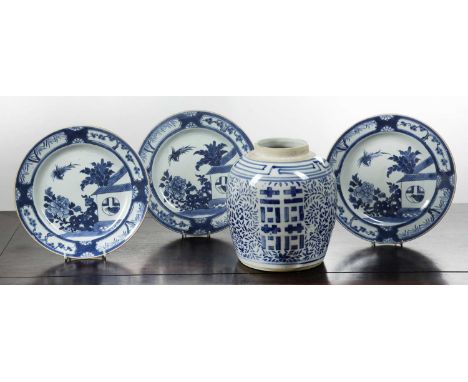 Three blue and white porcelain platesChinese, 19th Centurypainted with terrace garden scenes, 25.5cm and a blue and white gin