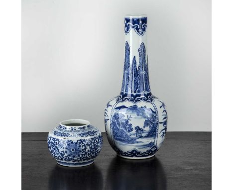 Blue and white porcelain bottle vaseChinese, 19th Centurywith leaf and ruyi neck and panels of landscape and figure scenes, K