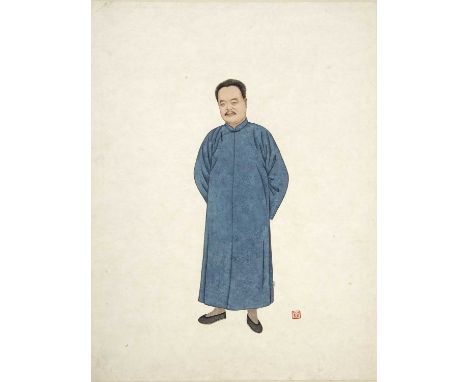 Chiang Yee (Chinese, 1903-1977)'Study of a standing gentleman in blue coat', ink and wash study, signed with seal lower right