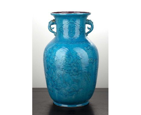 Blue ground porcelain vaseChinese, 19th Centurywith raised phoenix and clouds, beneath a key border and Shou character, with 