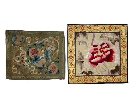 Two embroidered panelsChinese, 19th/20th Centurythe first depicting butterflies flying amongst melon fruit, 26.5cm x 32cm, th