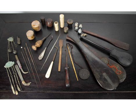 Group of opium related piecesChineseto include two opium scales in hardwood cases, 36cm and 29cm, a group of porcelain and bo