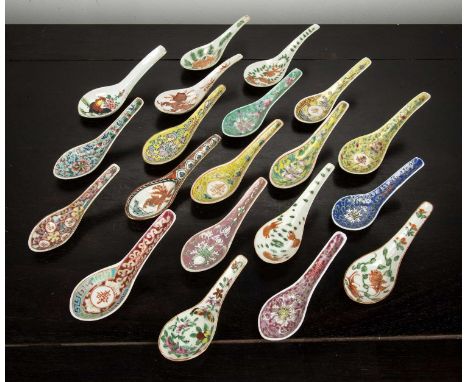 Group of twenty porcelain spoonsChinese, 19th/20th Centuryto include imperial yellow, carp, angel fish and other examplesOver