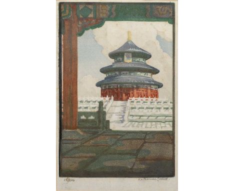 Katharine Jowett (1890-c1965)'Bell Tower, Peking' 28/200 and 'Jade Fountain Pagoda, Near Peking' woodcuts in colour, both sig