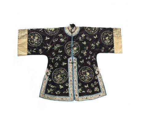 Black silk embroidered jacketChinesewith embroidered birds, butterflies and other auspicious subjects, and with original ivor