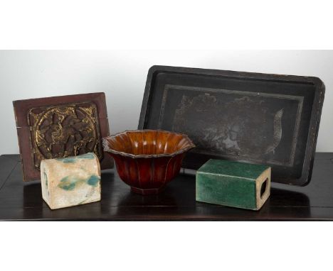Group of piecesChineseincluding a square carved temple panel, 24.5cm, a lacquered wood shaped bowl, 28cm wide x 14.5cm high, 