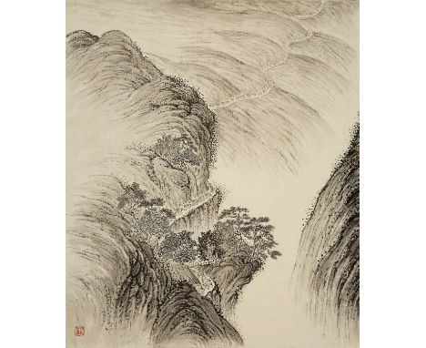 Chiang Yee (Chinese, 1903-1977)'Vehicles in a mountain landscape', ink and wash study, signed with seal lower left, unframed,