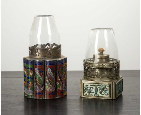 Two oil lampsChinese, circa 1900the smaller lamp with turquoise enamel panels to the pierced metal square base, and a ribbed 