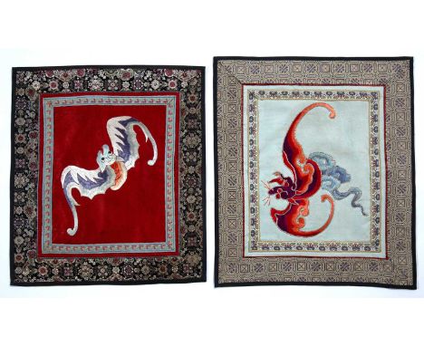 Two embroidered panels/rank badgesChinese, late 19th/20th Centuryboth depicting bats, the first set against a red ground, wit