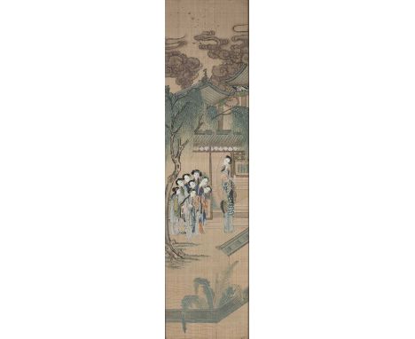 Chinese silk study19th Centurypainted with figures on a terrace, unsigned, 77cm x 19cmSome slight wrinkling of the silk under