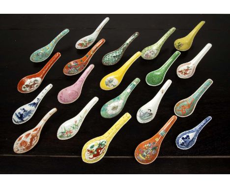 Group of twenty porcelain spoonsChinese, 19th/20th Centuryto include famille rose, imperial yellow, and others