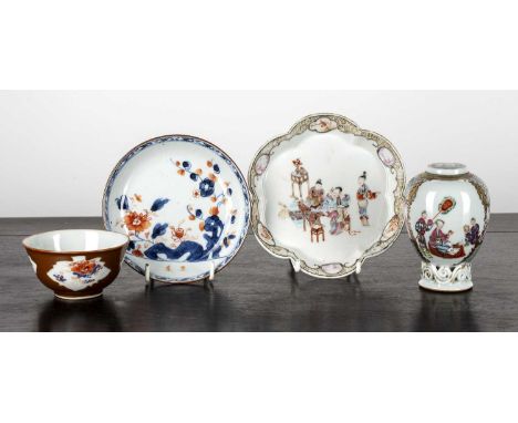 Group of piecesChinese, 18th Centuryto include a small tea caddy, finely painted with courtesans drinking tea, within checker