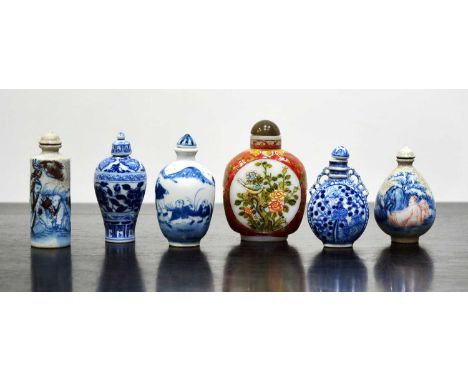 Small group of snuff bottlesChinese, 20th Centuryto include four blue and white porcelain examples and an enamel painted glas