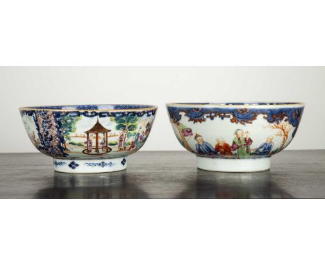 Two Mandarin porcelain bowlsChinese, late 18th Centuryeach painted with panels of figures and temples, both 17cm diameter The