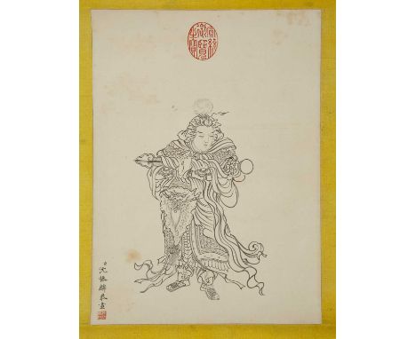 Chinese School scroll paintingpainted with a Guardian figure, on a white ground, with red seal inscription, image size 33cm x