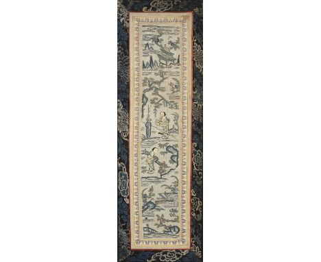 Silk sleeve panelChinese, in the Kesi style, 20th Centuryworked in coloured and silver thread on silk ground with applied rib