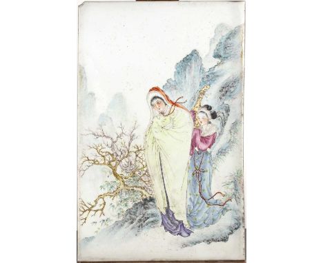 Porcelain famille rose panelChinese, late 19th Centurypainted with two ladies on a mountainous path, 50.5cm x 32.5cmOld chip 