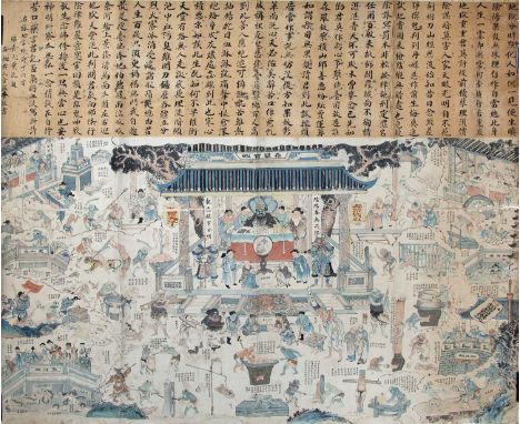 Chinese School19th Centurylarge hanging scroll depicting multiple scenes of torture, each with an inscription and with long i