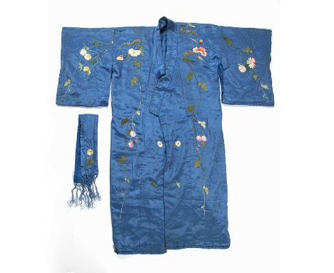 Japanese Kimonoof blue ground with embroidered decorationProvenance: Brought back from Japan 1936-1938 by vendor's uncle who 