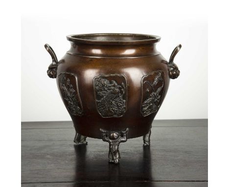 Bronze jardiniereJapanese, late 19th Centurywith panels of birds and flowers, with mask head handles and on figure supports, 