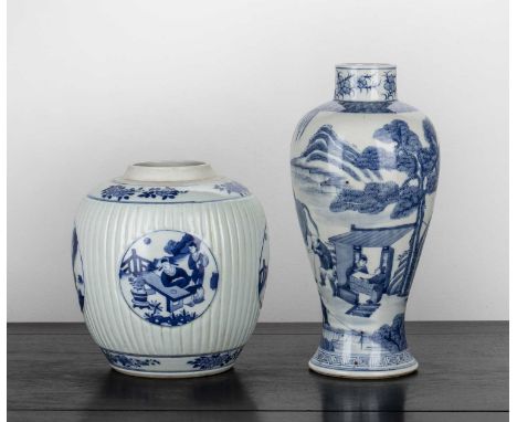 Blue and white porcelain vaseChinesepainted with an extensive mountainous landscape with oxen and rider, fishing, and terrace