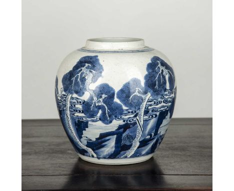 Blue and white porcelain ginger jarChinese, 18th Centurypainted with phoenix and deer amongst rockwork and pine trees, 21.5cm